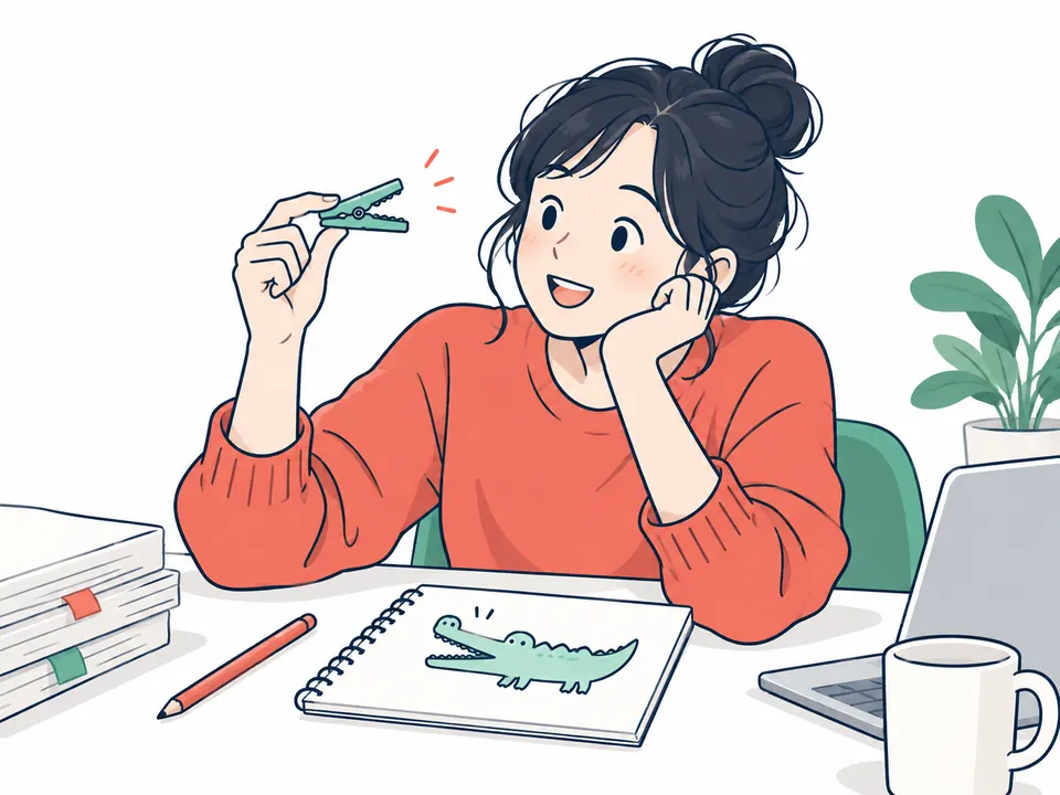 洗濯ばさみを手に、ノートに描いたワニから発想を広げる女性