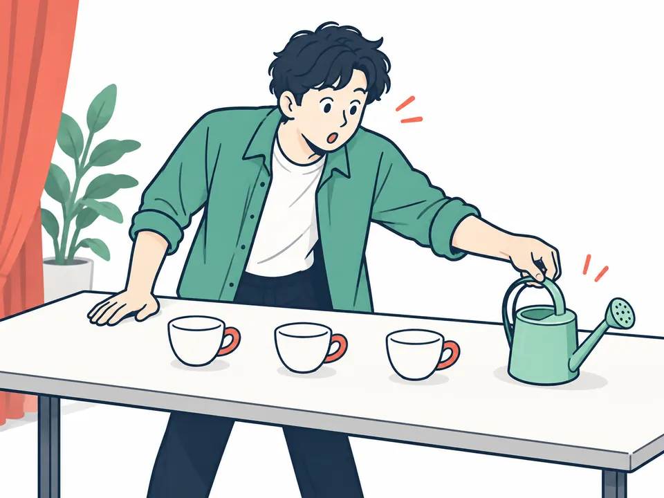 カップが3つ並んだ机で、4つ目にじょうろを手に取る男性