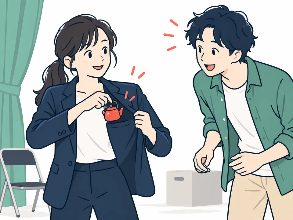 上着の内ポケットから小さなやかんを取り出す女性と、驚く男性