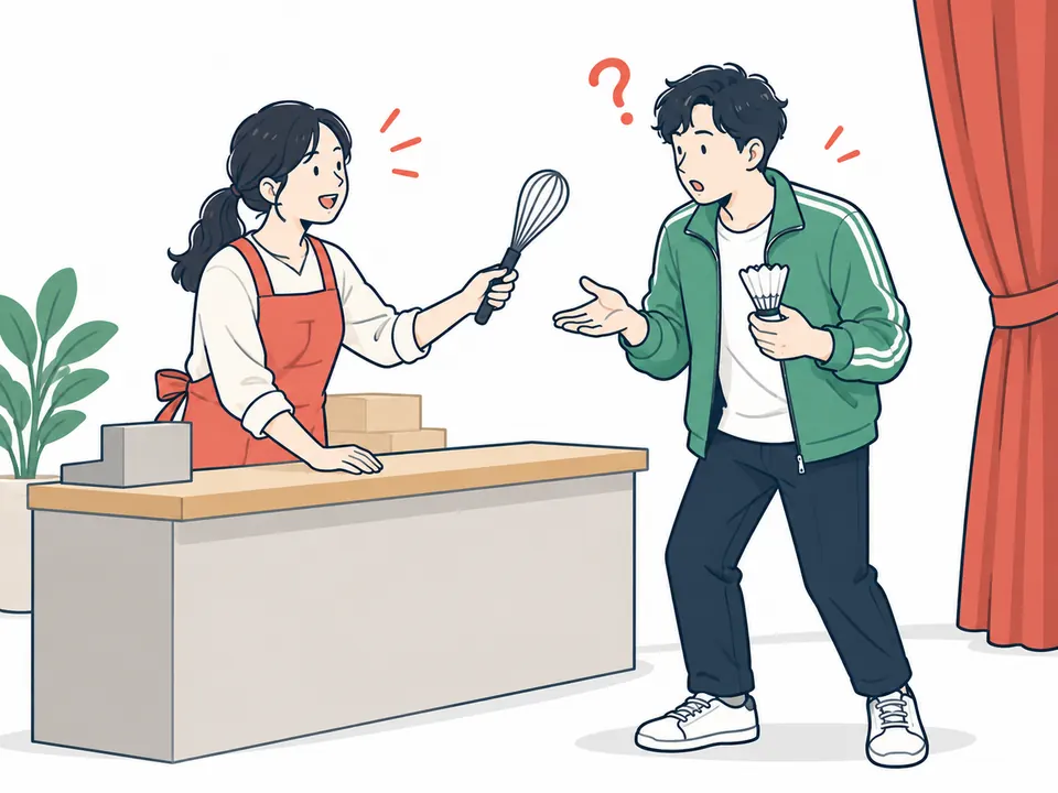 泡立て器を差し出す店員と、羽根を手に首をかしげる男性