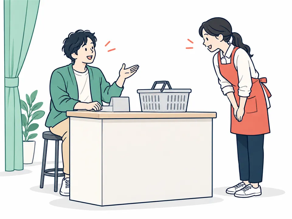 レジの中に座る客と、客側でおじぎをするエプロン姿の店員