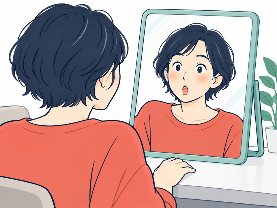 鏡に向かって、目を丸くして驚いた表情を練習する人