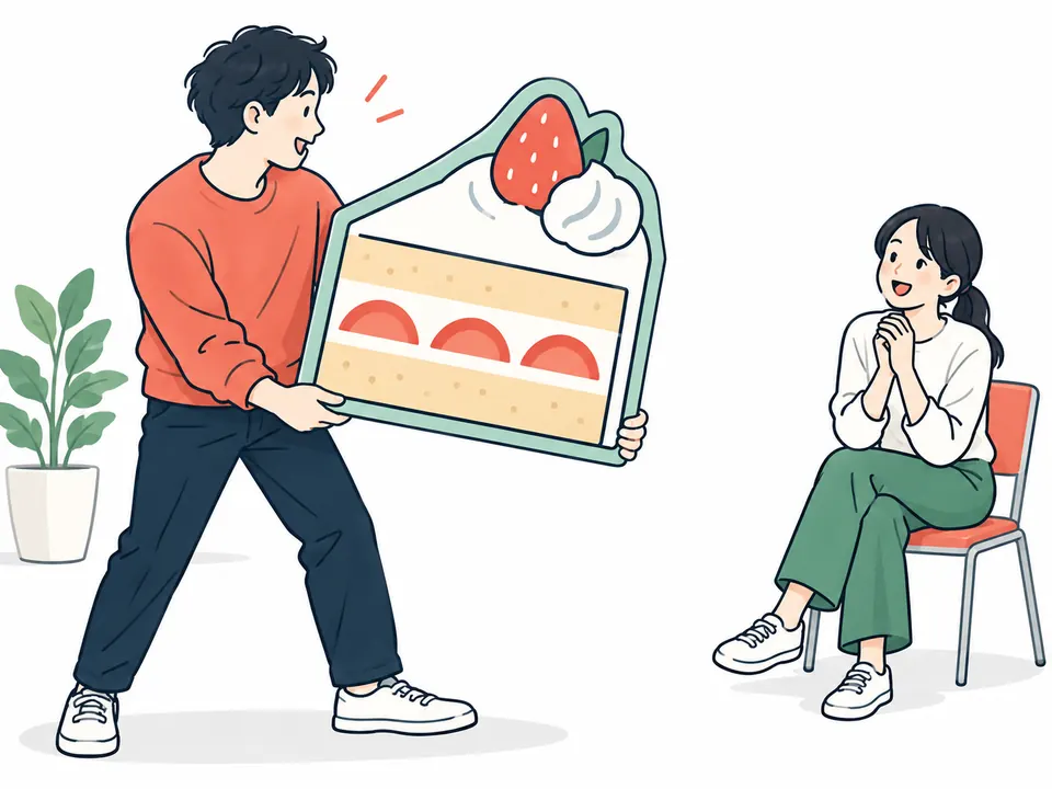 大きなケーキの形のパネルを掲げる男性と、喜ぶ女性