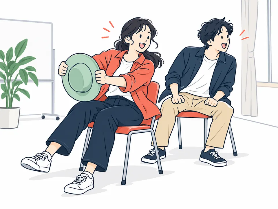 帽子を手に、隣の人と即興のやり取りを楽しむ2人