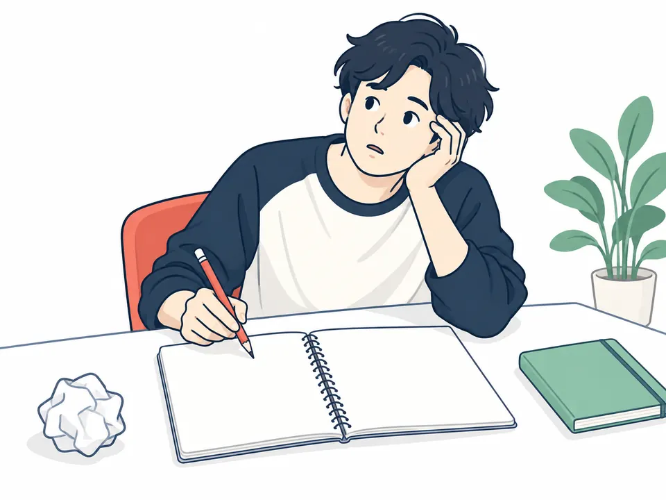 白紙のノートを前に、ほおづえをついて書き出しに悩む人